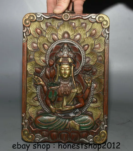 8,4 "Alte Tibet Holzmalerei Buddhismus 4 Arme Chenrezig Buddha Shrines Thangka