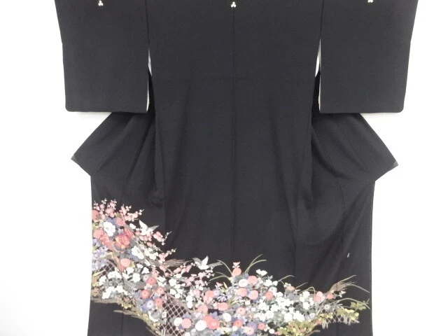 39537# Japanese Kimono / Antique Tomesode / Flower With Birds / Artist Work