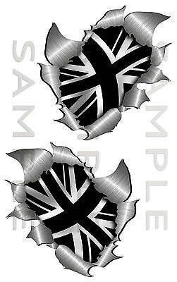 Pair Metal Rip Open Torn Black Union Jack Flag Car Sticker Bike Van Tool Box