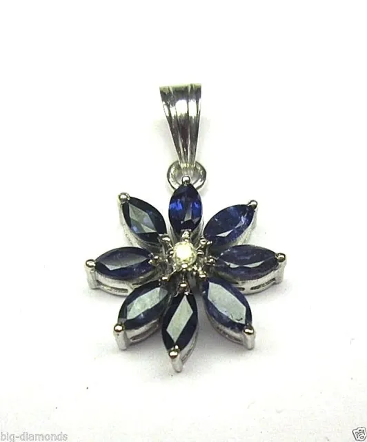 Beautiful Marquise Shape Sapphire Flower Design & Diamond Pendant With 16" Chain