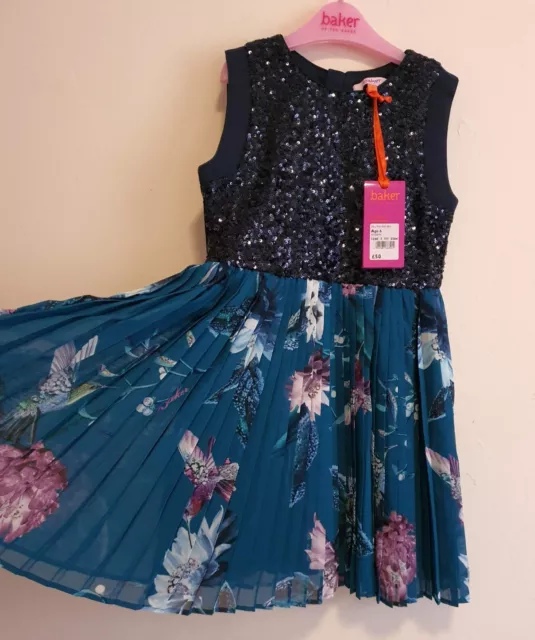 Ted Baker Girls' Blue Sequinned Floral Print Dress Age 8 Years Rrp £50