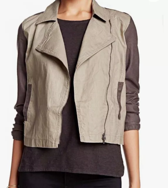 Eileen Fisher Organic Linen Moto Jacket Size Large In Stone Asymmetrical Zip