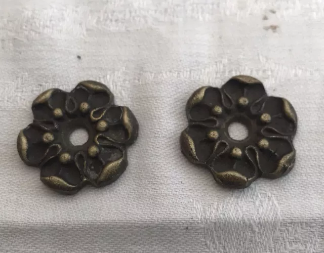 French Antique Brass Furniture Pair 1” Drawer Pull Appliqué Hardware Rosette