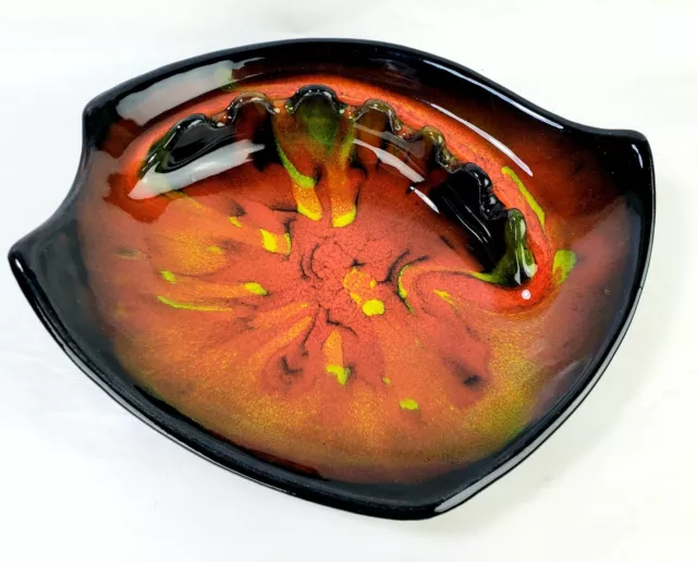 Mid Century USA 2840 Vintage Ceramic Pottery Ashtray Drip Glaze Black Red