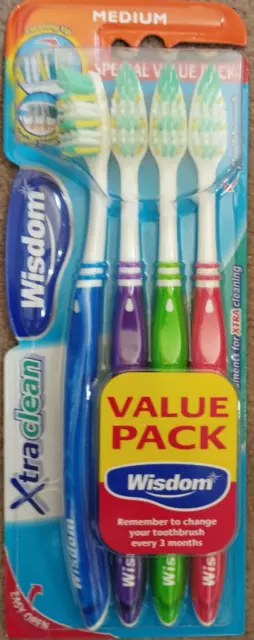 Wisdom Extra Clean Medium Toothbrush 4pk, flexible neck, angled filaments