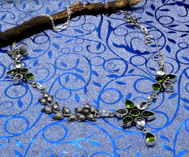 925 Sterling Silver Green Peridot & Topaz Gemstone Jewelry Necklace Size-17-18"