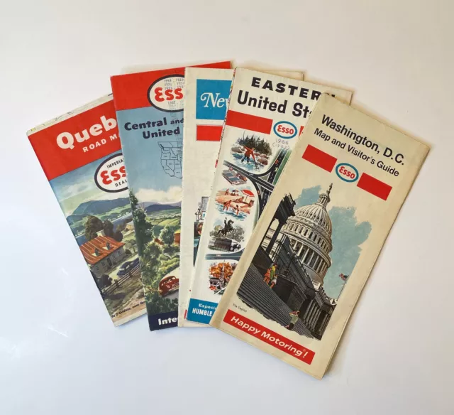 Vintage Esso Road Map Lot Of 5 - Jersey Quebec Eastern & Central US DC