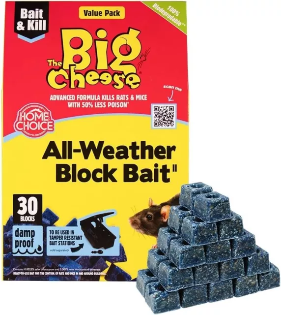 Big Cheese 30 x 10g Rat Poison Bait Mouse Killer All-Weather Block Bait STV213