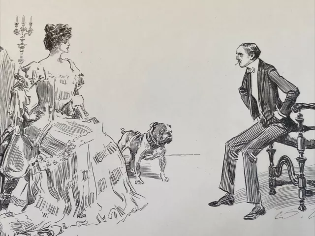 Gibson Girls Print Antique Art Sketch 11”x17” BULLDOG GUARDING WOMAN - 2 sided