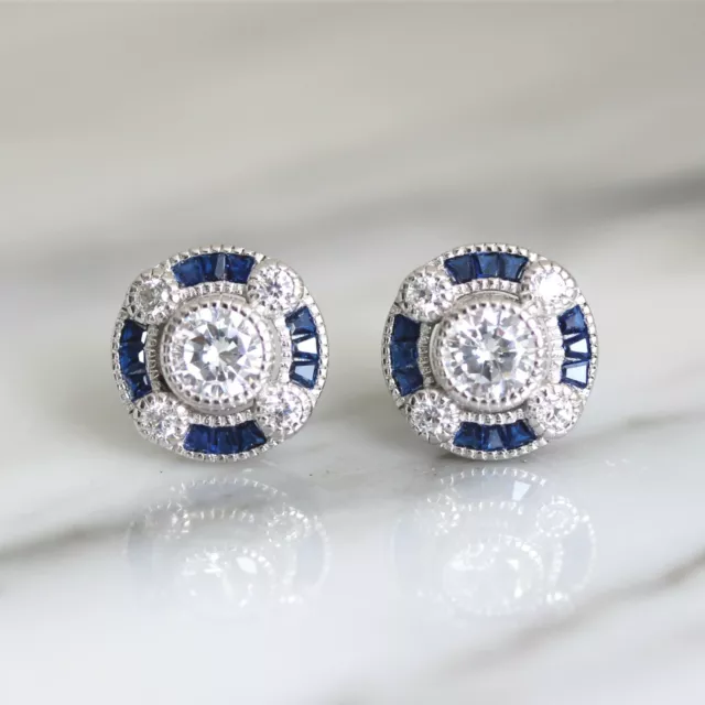 GIGI DESIGNS Sterling Silver Art Deco Style Syn Blue Sapphire & CZ Stud Earring