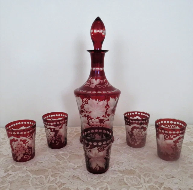 Bohemian Ruby Red Cut Glass Decanter Set Grape Leaf Design Liquor Barware Czech
