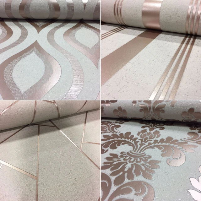 FINE DECOR QUARTZ Rose Gold Wallpaper Damask Stripes Apex Glitter