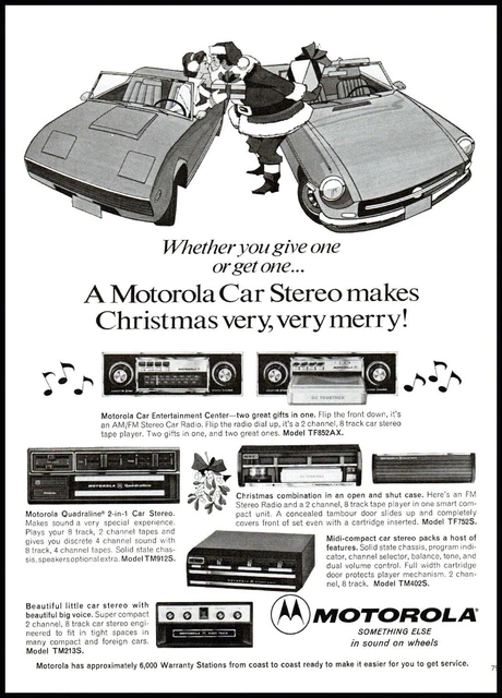 1973 Motorola car stereo Santa Claus kissing woman vintage art print Ad ads9