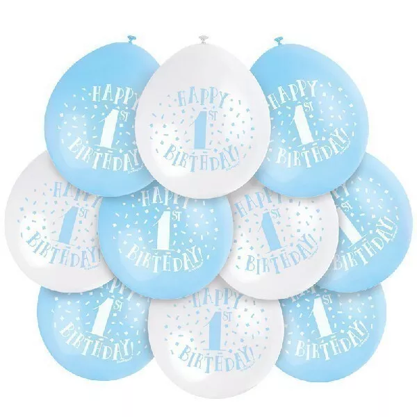 1ST BIRTHDAY PARTY BALLOONS - 10 x BLUE & WHITE BABY BOY 1 first - FAST DISPATCH