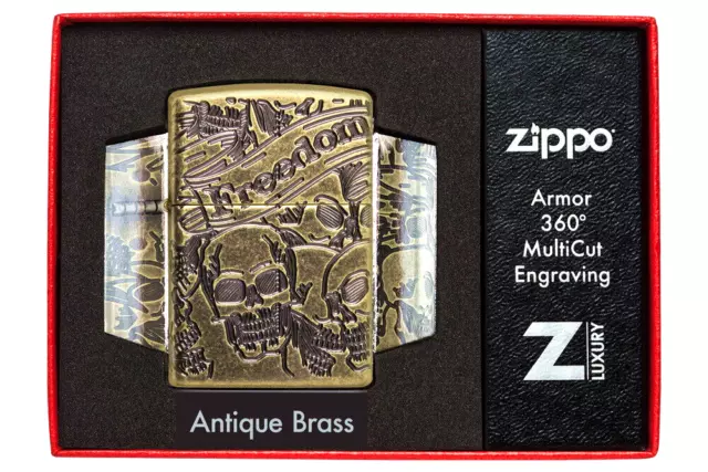 Accendino Zippo Freedom Skull Antique Brass Armor Case Deep Carved Multi Cut NUOVO