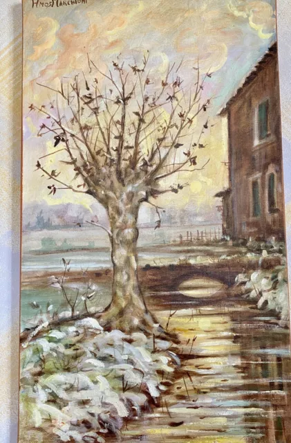 Tela verticale,dipinto a mano. Scorcio Rurale In Riva Al Fosso In Campagna