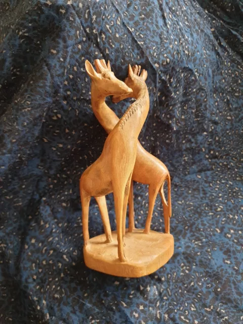 Vintage Handmade Wooden Carved Double Entwined Giraffes Ornament, 10 Inches Tall