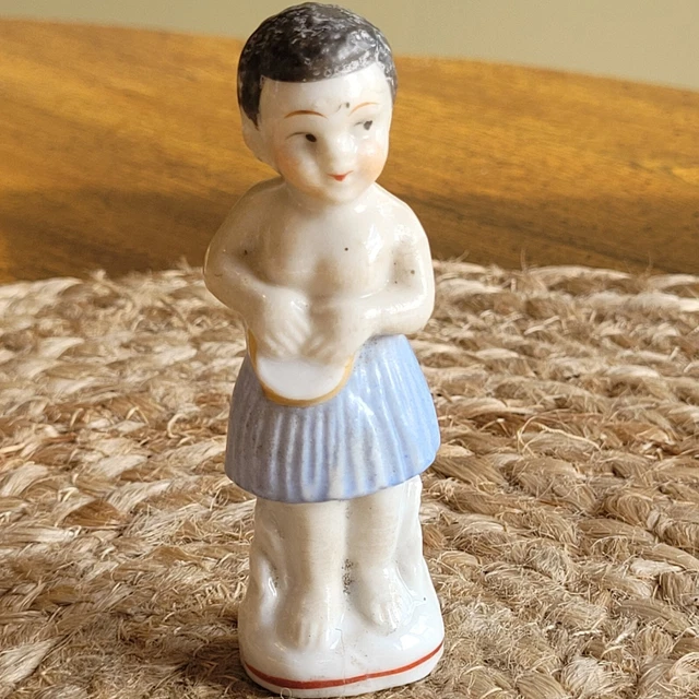 Vintage Figurine Dark Haired Boy Child with Grass Skirt Hawaiian Tiki 3.5" Japan
