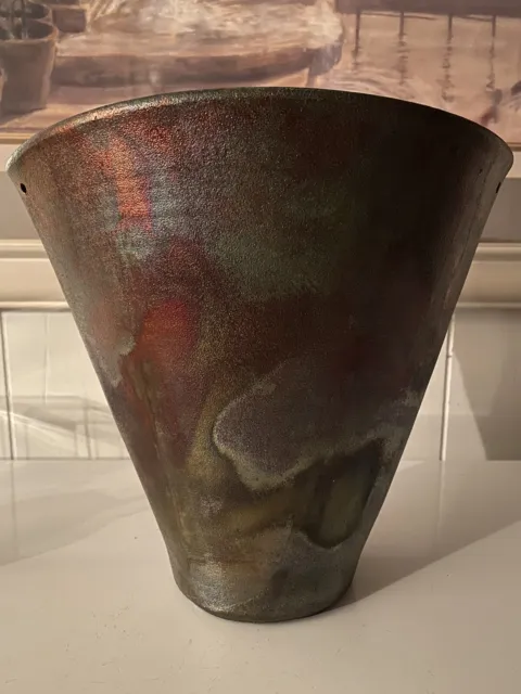 Studio Art Iridescent Pottery Fire Raku Vase Metallic 8.5”H Signed DD