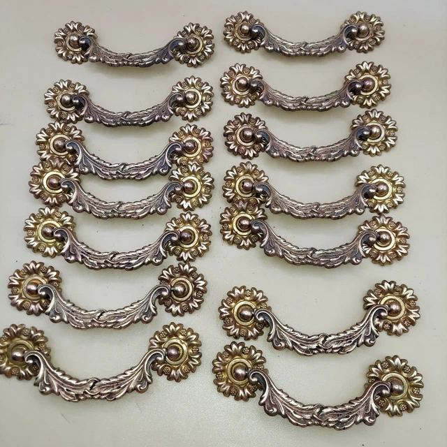 14 Vintage Brass Bronze  Drawer Drop Ring Bail Pull Handle 5.5" rosettes