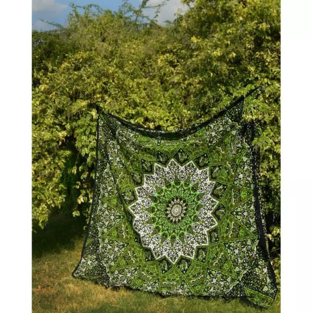 Indian Green Star Mandala Cotton Tapestry Wall Hanging Queen Bohemian Bedspread