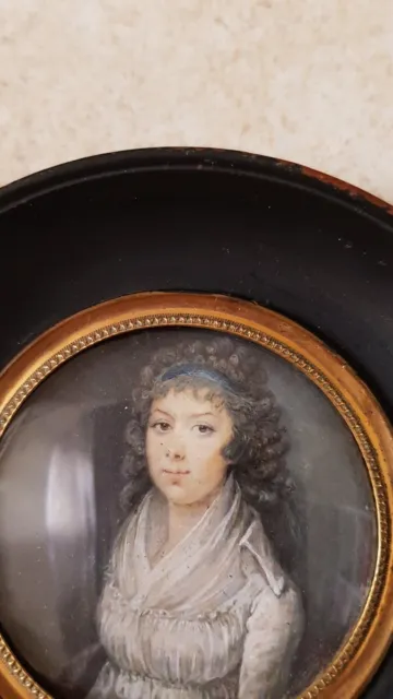 Antique French Gouache Portrait Miniature Painting Young Lady Late 18th Century