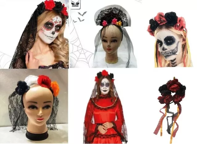 Carnevale Halloween Cerchietto Rose Con Velo Santa Muerte Teschio Messicano