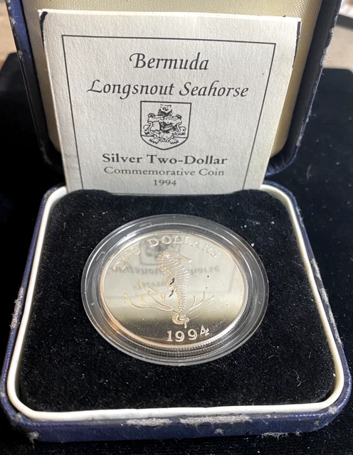 1994 Ltd Ed BERMUDA Sterling Silver $2 Longsnout Seahorse Commemorative Coin COA