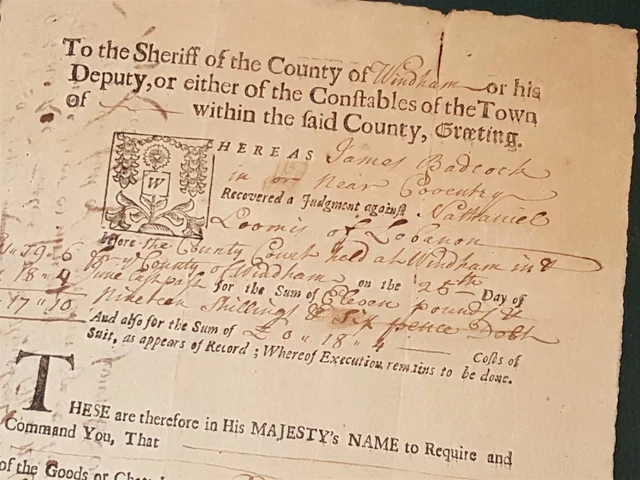 1728 antique COLONIAL coventry lebanon ct JAMES BADCOCK legal document LOOMIS
