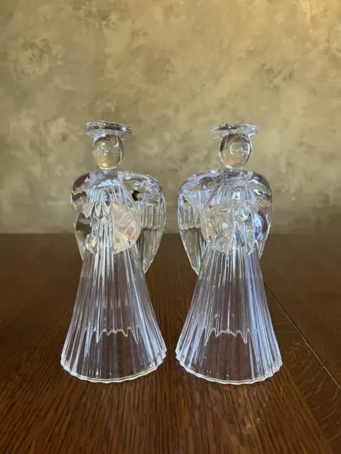 Vintage Pair Crystal Praying Angel Glass Candlesticks Candle Holders