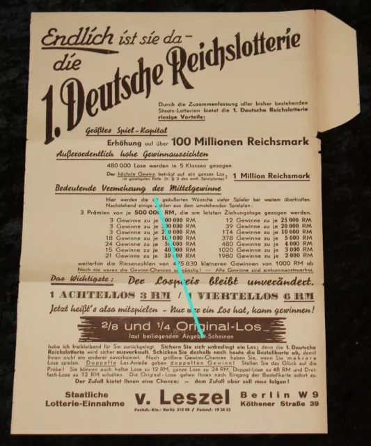 1. Deutsche Reichslotterie ,altes Werbeblatt