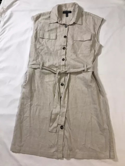 Ellen Tracy Dress Womens Medium Beige Button Up Belted Sleeveless Collared