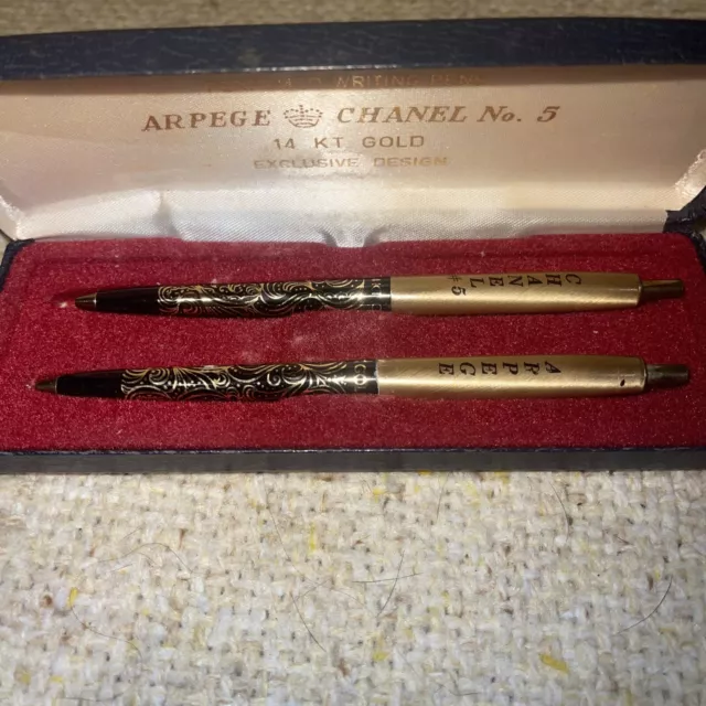 Vintage Arpege Chanel No 5 Perfumed Ink Pens 14 kt Gold Filigree Set W/  Case