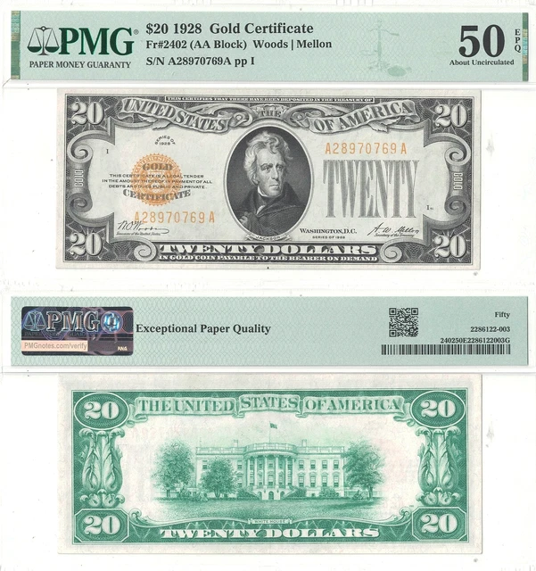 1928 $20 Gold Certificate Fr 2402 PMG About Uncirculated-50 EPQ