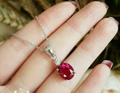 2.00Ct Oval Cut Ruby Solitaire Pendant Necklace 14K White Gold Finish Chain 18"