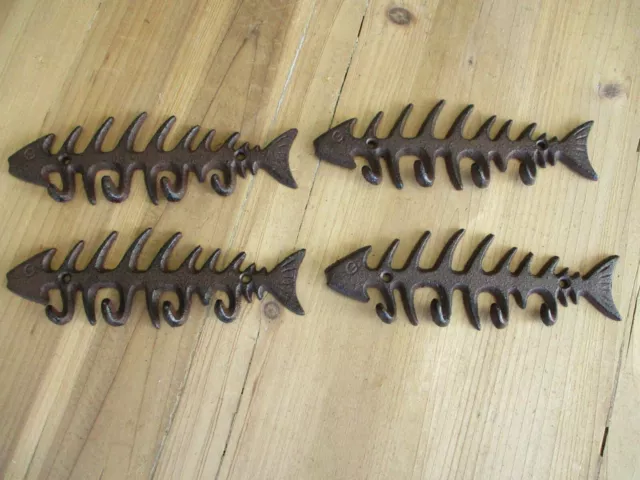 4 CAST IRON FISH Bones Wall Hook Key Hat Coat Rack Holder Skeleton Nautical