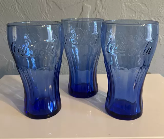 Set of 3 Vintage Cobalt Blue Libbey Coca Cola 16 oz Flat Tumbler Glasses