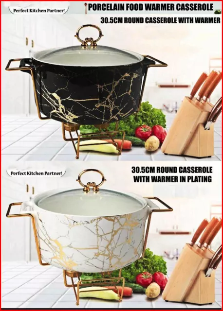 30.5cm Round Luxury marble Porcelain Ceramic Casserole Food Warmer Stand &Lid