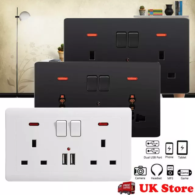 Double Wall Plug Socket 2 Gang 13A with 2 USB Charger Port Outlets Plate