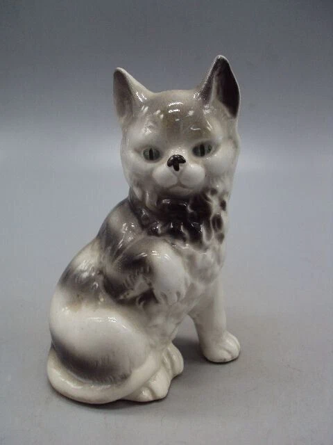 Paire De Figurines Chatons En Porcelaine – Miniature Vintage Gris Et Blanc