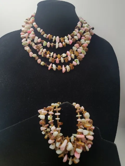 Vintage Multi Strand Semi-Precious Gemstone Waterfall Drape Necklace & Bracelet