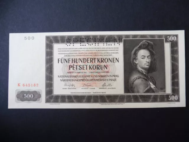 Banknote ~ Bohemia & Moravia in Prague 500 Korun P#11s, Perforated Specimen UNC