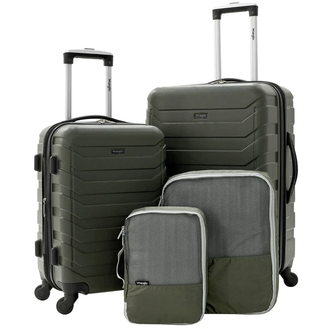 Wrangler 4 Piece Hardside Carry On Check In, Luggage Set w/ Packing Cubes, Olive