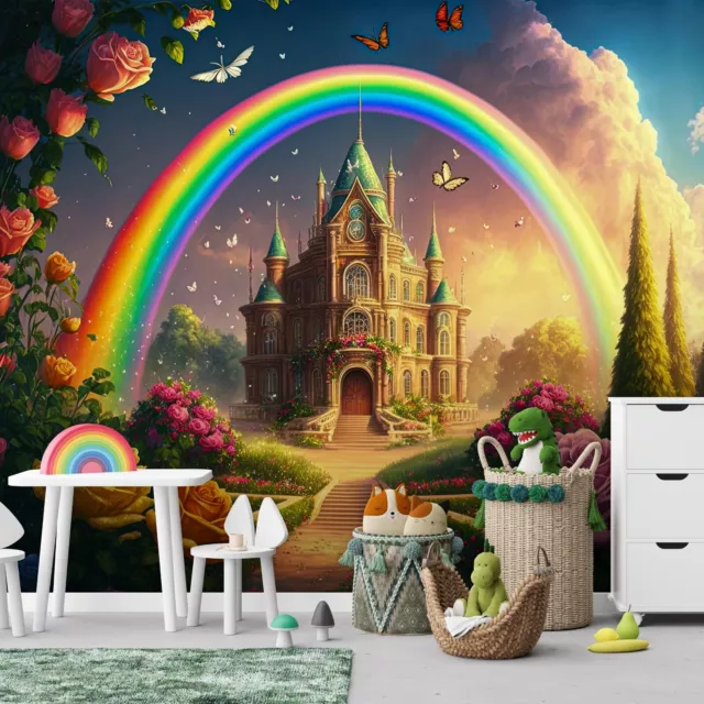 Fototapete Kinderzimmer Mädchen Schloss Regenbogen VLIES TAPETE XXL + KLEISTER