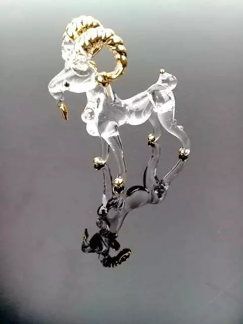 Goat HandBlown Clear Glass Figurine Zodiac Animal Miniature Collectible Gold Art