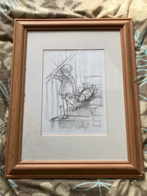 E H Shepard Winnie The Pooh Sketch Pine Frame Picture Drawing Bedroom Nursery