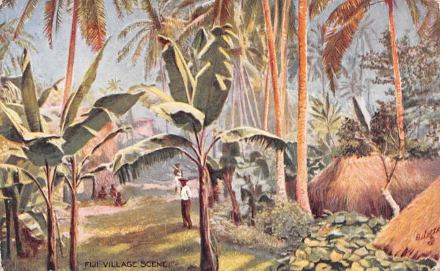Fiji Village Scene ~ An Old Tuck's "Oilette" Postcard #221937