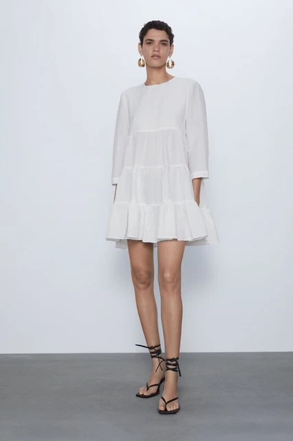 ZARA SUMMER WHITE Textured Weave Mini Long Sleeve Loose Pregnant Dress Size  M £10.80