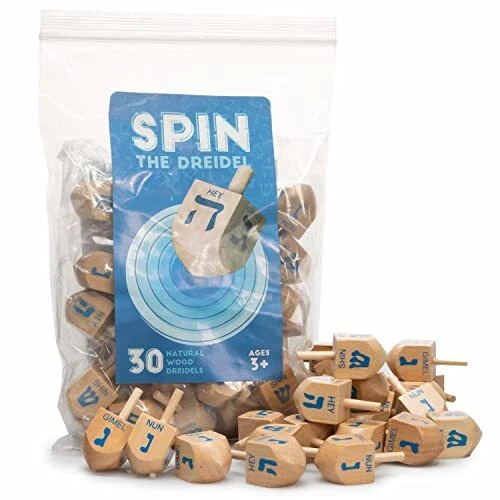 30 Pack Natural Wood Hanukkah Holiday Spinning Tops in Bulk Classic Traditional