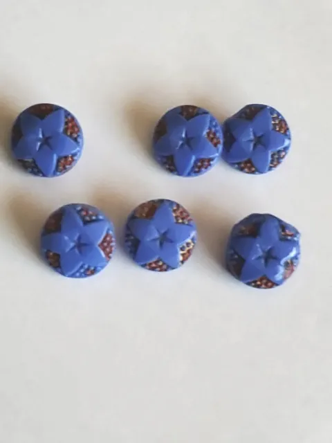 Vintage Buttons Set of 6 Glass Violet Blue Baby 3/8” Hand Painted Art Deco  NOS